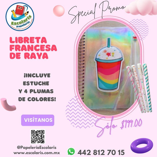 Kit Libreta de raya con estuche de lápices de malteada. Incluye 4 plumas de colores