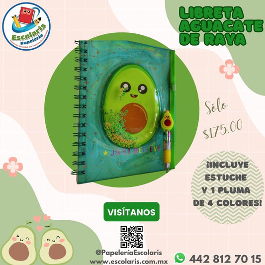 Kit Libreta con estuche de aguacate. Incluye pluma de 4 tintas