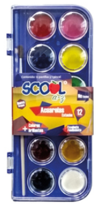 Acuarela Scool + Pincel Semiprofesional Estuche Con 12 pastillas